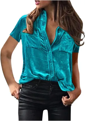 Summer Tops for Women Fashion Short Sleeve V Neck Tops Casual Button Down Shirts Trendy Lightweight Loose Fit Top