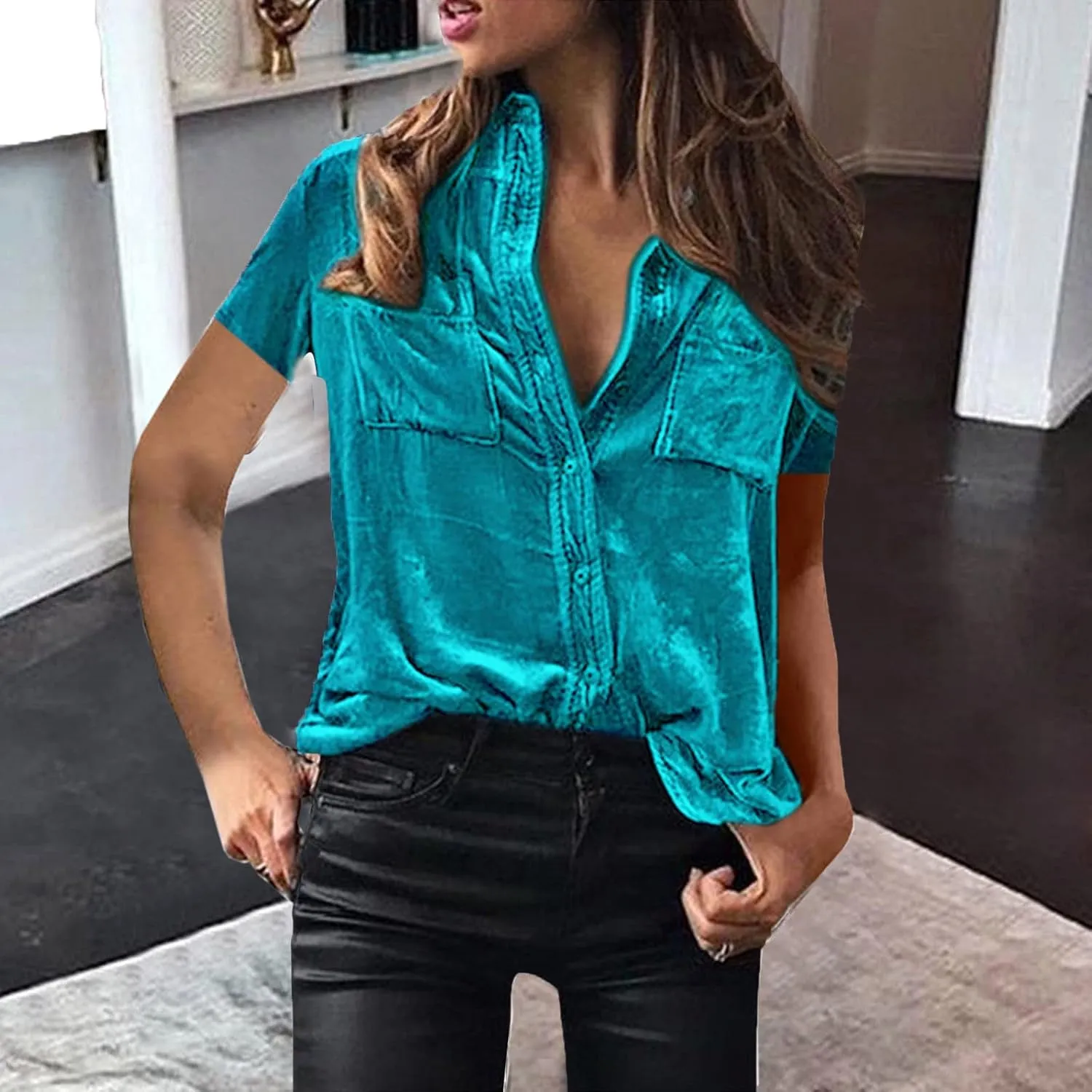 Summer Tops for Women Fashion Short Sleeve V Neck Tops Casual Button Down Shirts Trendy Lightweight Loose Fit Top
