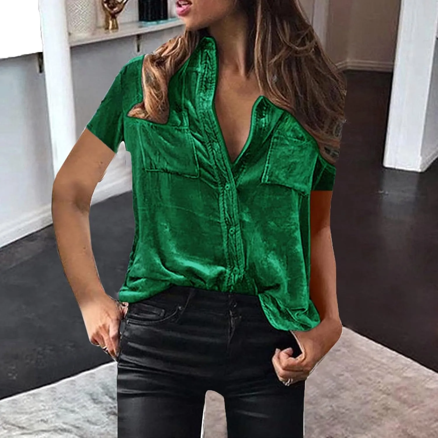 Summer Tops for Women Fashion Short Sleeve V Neck Tops Casual Button Down Shirts Trendy Lightweight Loose Fit Top