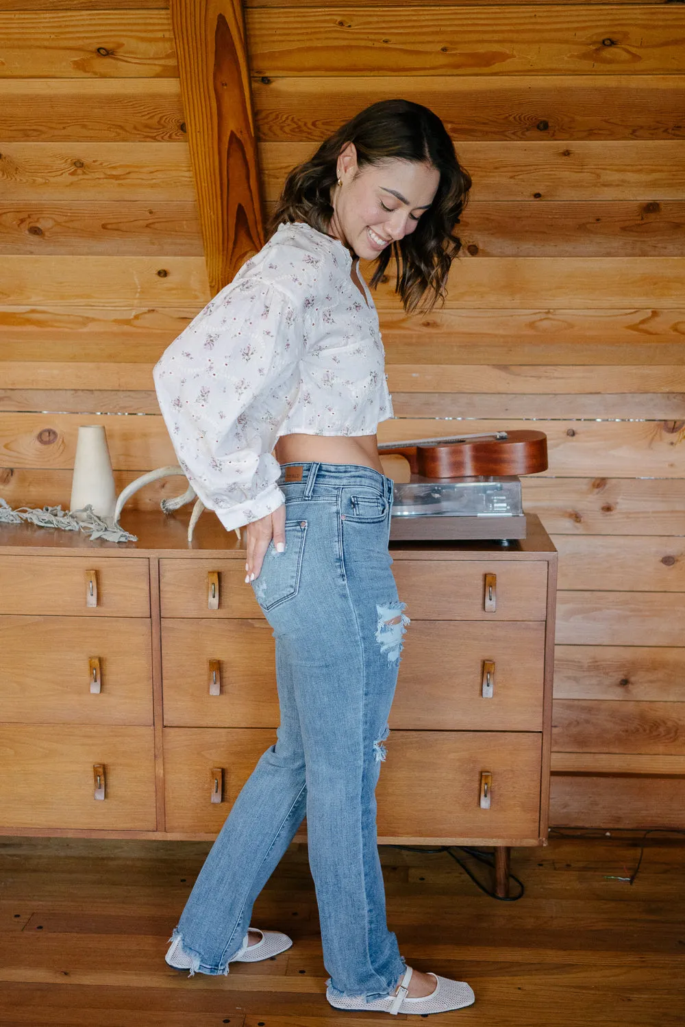 Susie Distressed Straight-Mid Rise Jeans