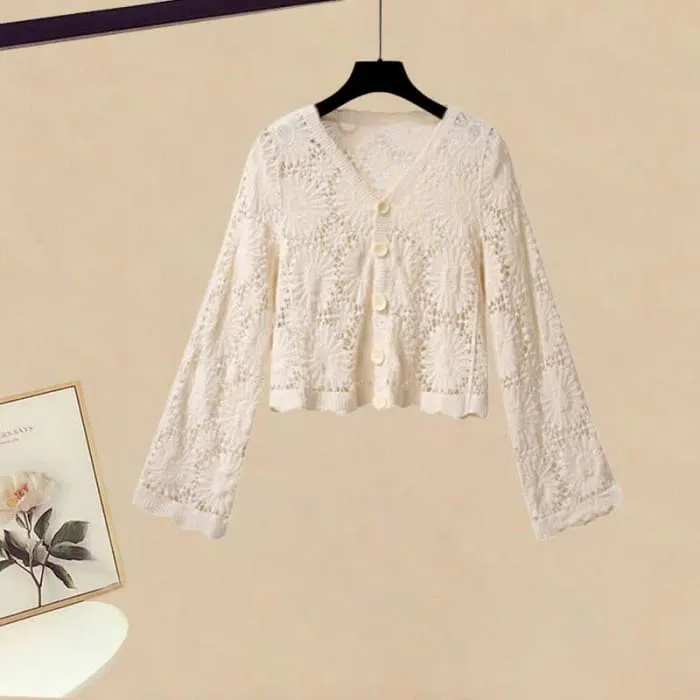 Sweet Crochet Hollow Cardigan Floral Print Slip Dress Set
