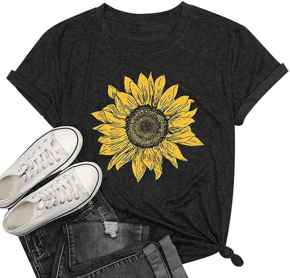 T Shirts for Women V Neck Slim Fit Flowers Print Shirt Floral Wildflowers Graphic Tees Casual Short Sleeve T Shirts