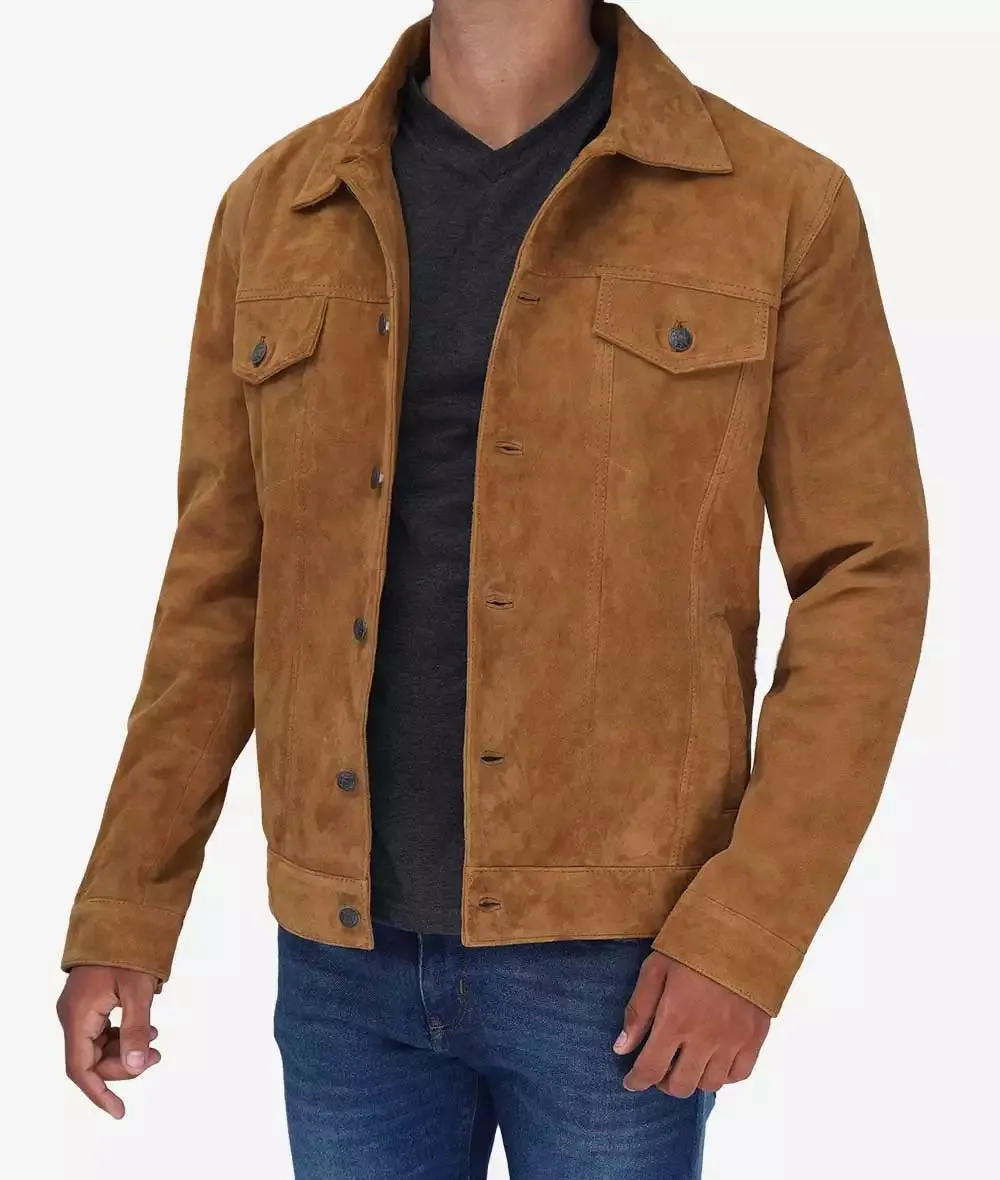 Tan Suede Trucker Jacket Mens