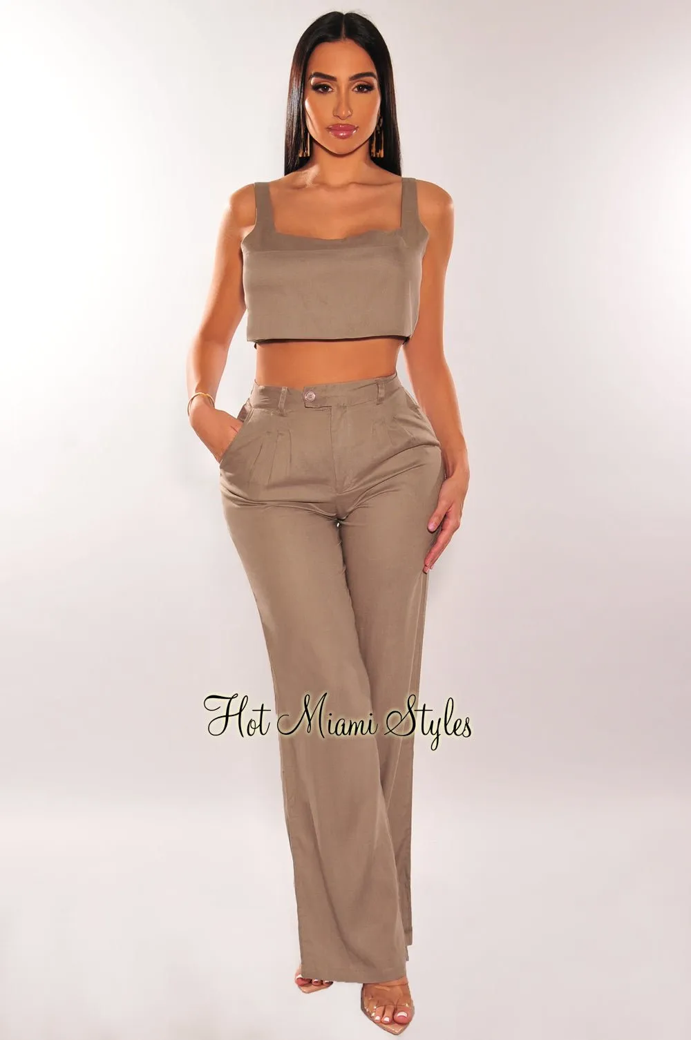 Taupe Linen Sleeveless Palazzo Pants Two Piece Set