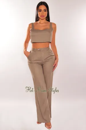 Taupe Linen Sleeveless Palazzo Pants Two Piece Set