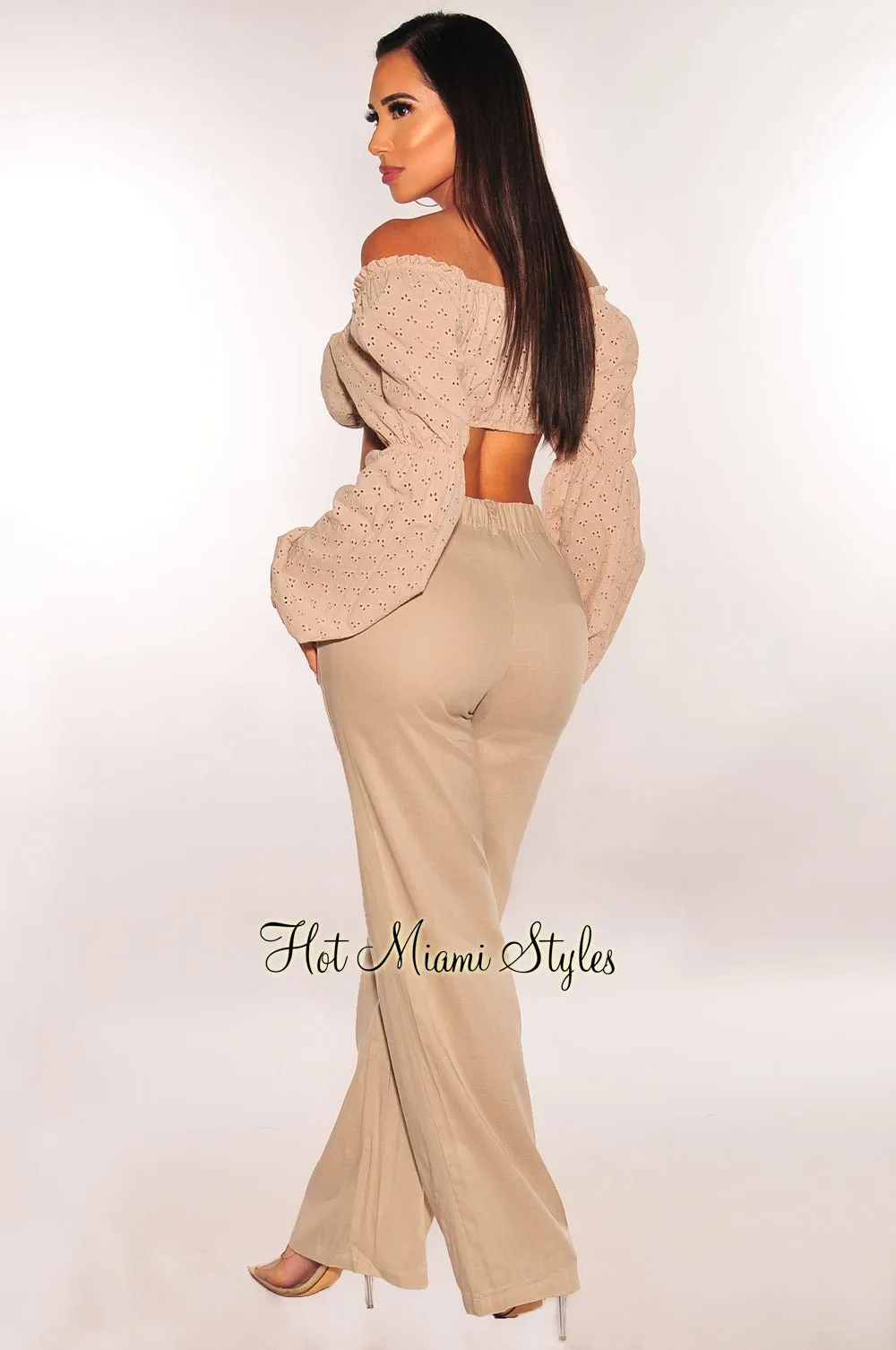 Taupe Peasant Tie Up Long Sleeve High Waist Palazzo Pant Two Piece Set