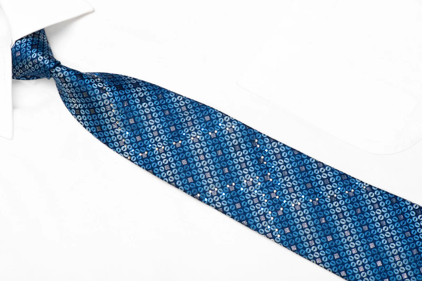 The Suit House Rhinestone Silk Necktie Geometric On Blue With Sparkles