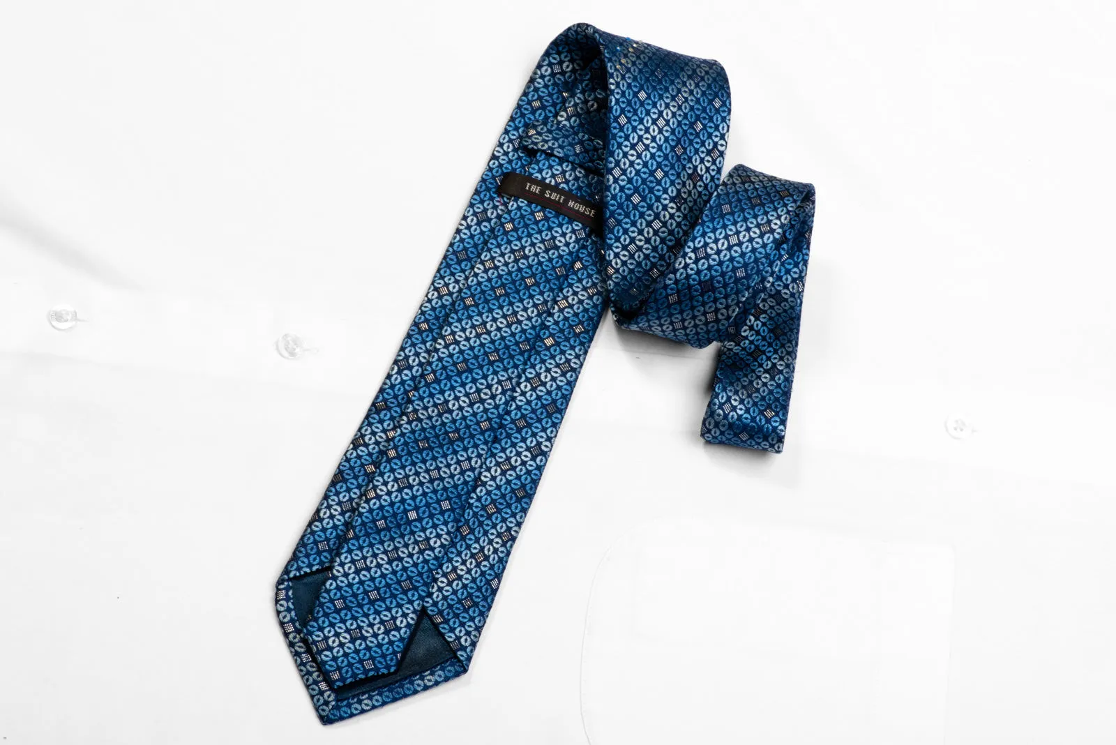 The Suit House Rhinestone Silk Necktie Geometric On Blue With Sparkles