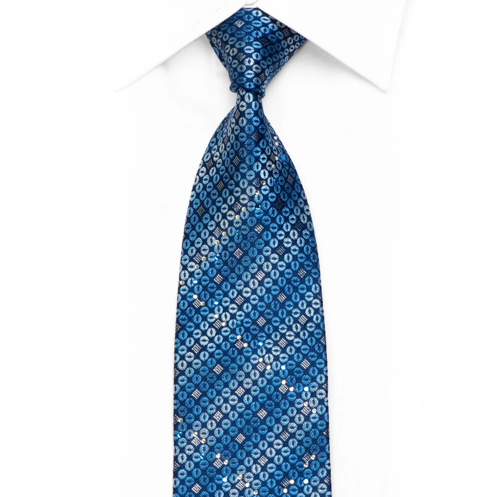 The Suit House Rhinestone Silk Necktie Geometric On Blue With Sparkles