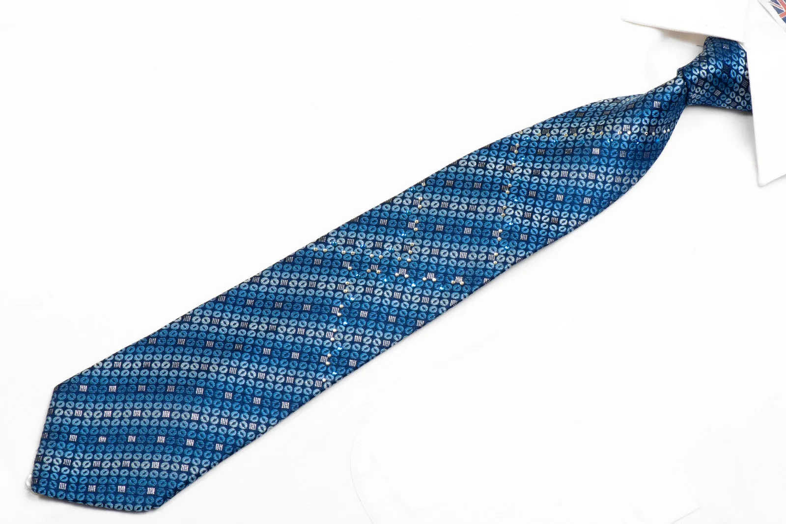 The Suit House Rhinestone Silk Necktie Geometric On Blue With Sparkles