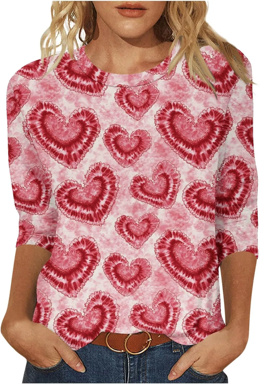 Tie Dyed Hippie Heart Shirts Womens Tops Tshirts Three Quarter 3/4 Sleeve Cute Tees Hip Hop Streetwear Apparel Clothes