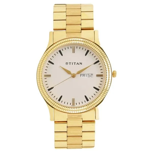 Titan Karishma Men's Watch Analog White Dial with Gold Stainless Steel Band, 1650YM03