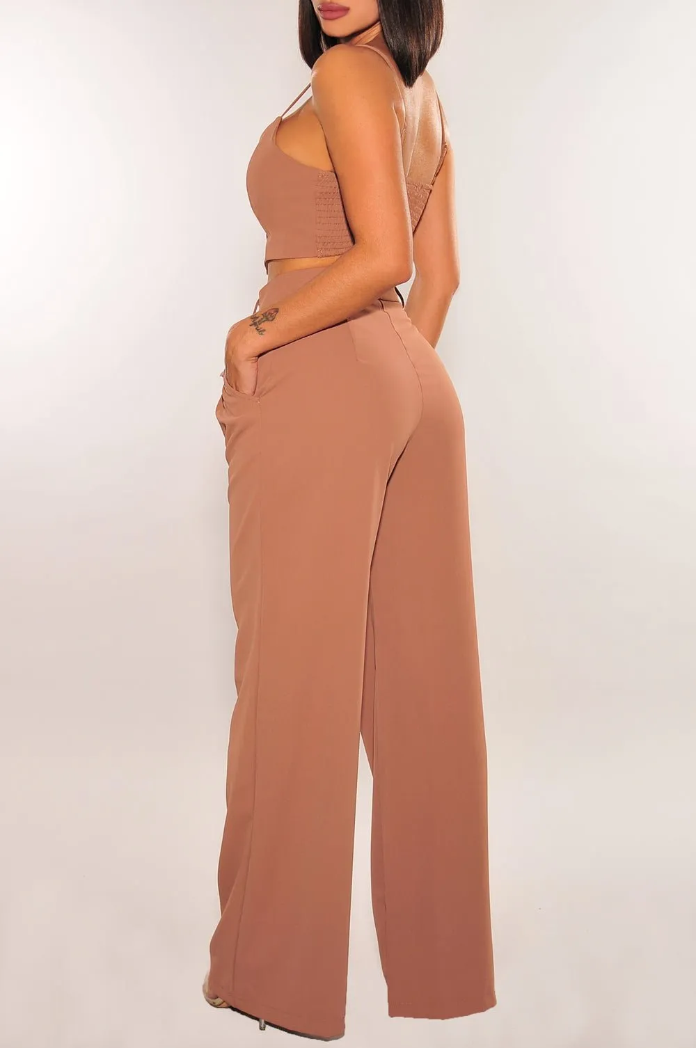 Toffee Spaghetti Strap Button Up Vest Crop High Waist Wide Leg Pants Two Piece Set