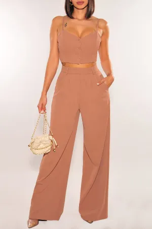 Toffee Spaghetti Strap Button Up Vest Crop High Waist Wide Leg Pants Two Piece Set