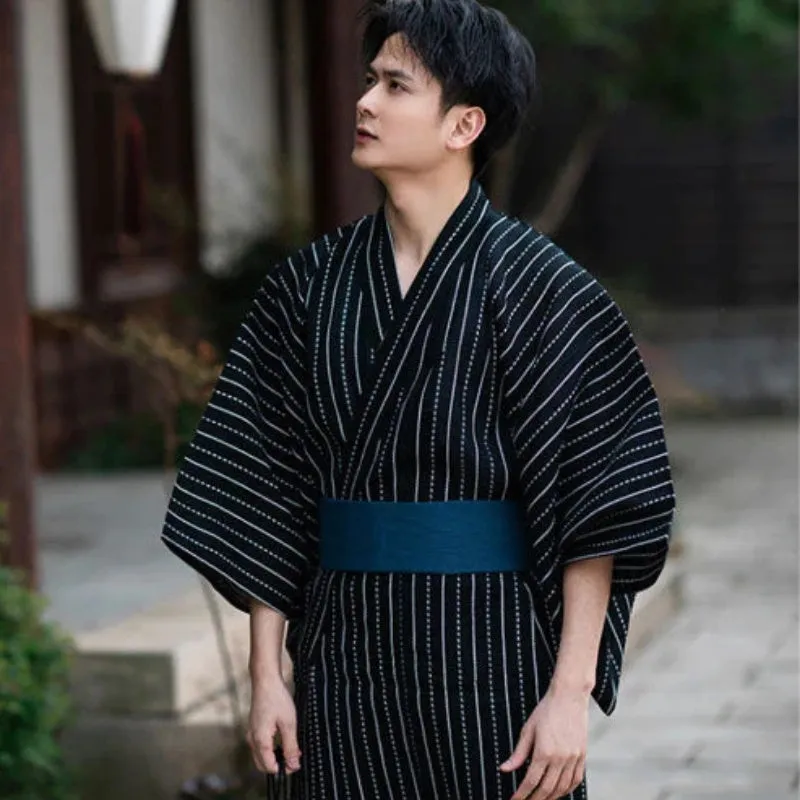 Traditional Men’s Japanese Yukata with Black and White Stripes – Comfortable Summer Kimono