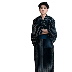 Traditional Men’s Japanese Yukata with Black and White Stripes – Comfortable Summer Kimono