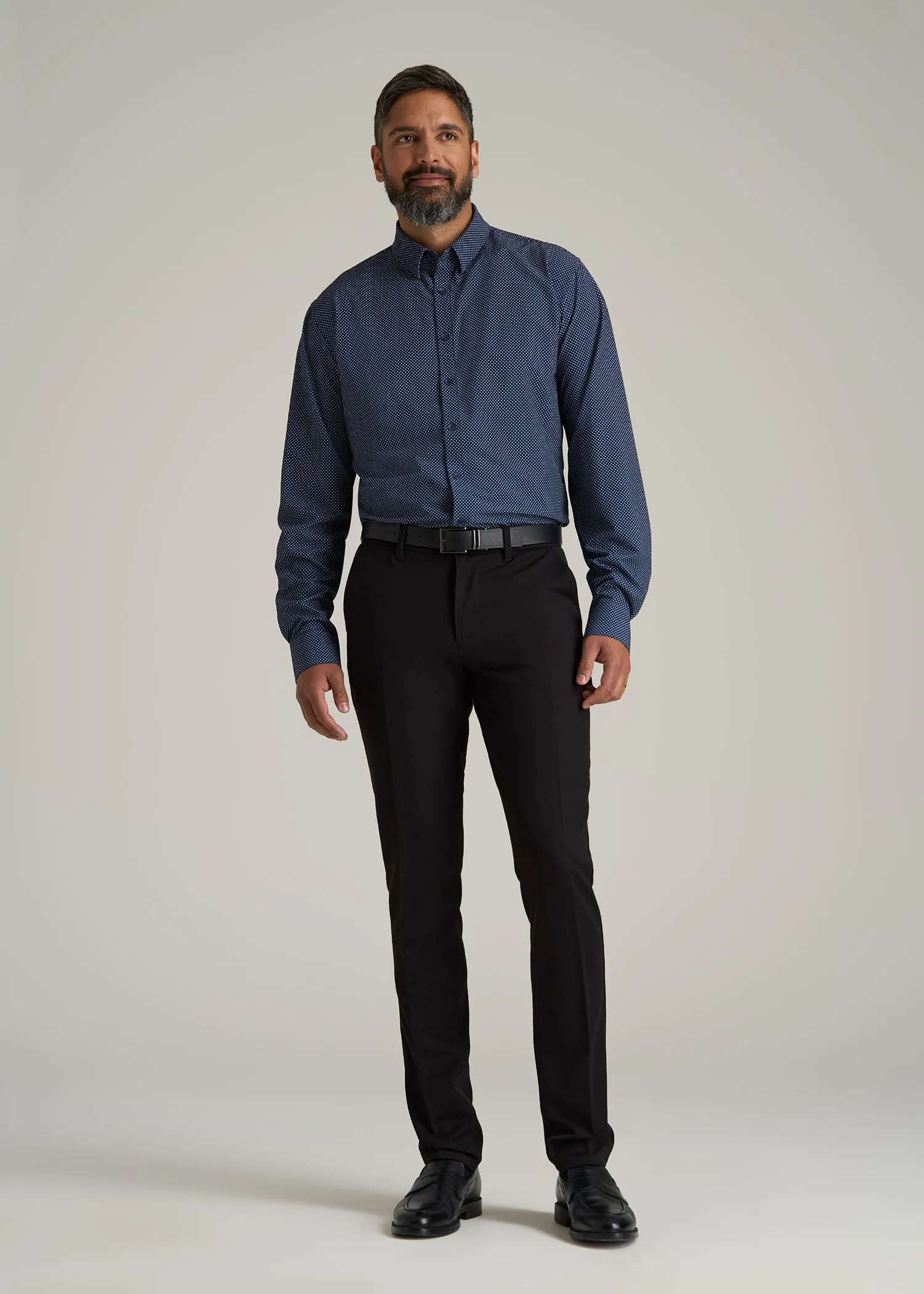 Traveler Stretch Dress Shirt for Tall Men in Navy Polka Dot