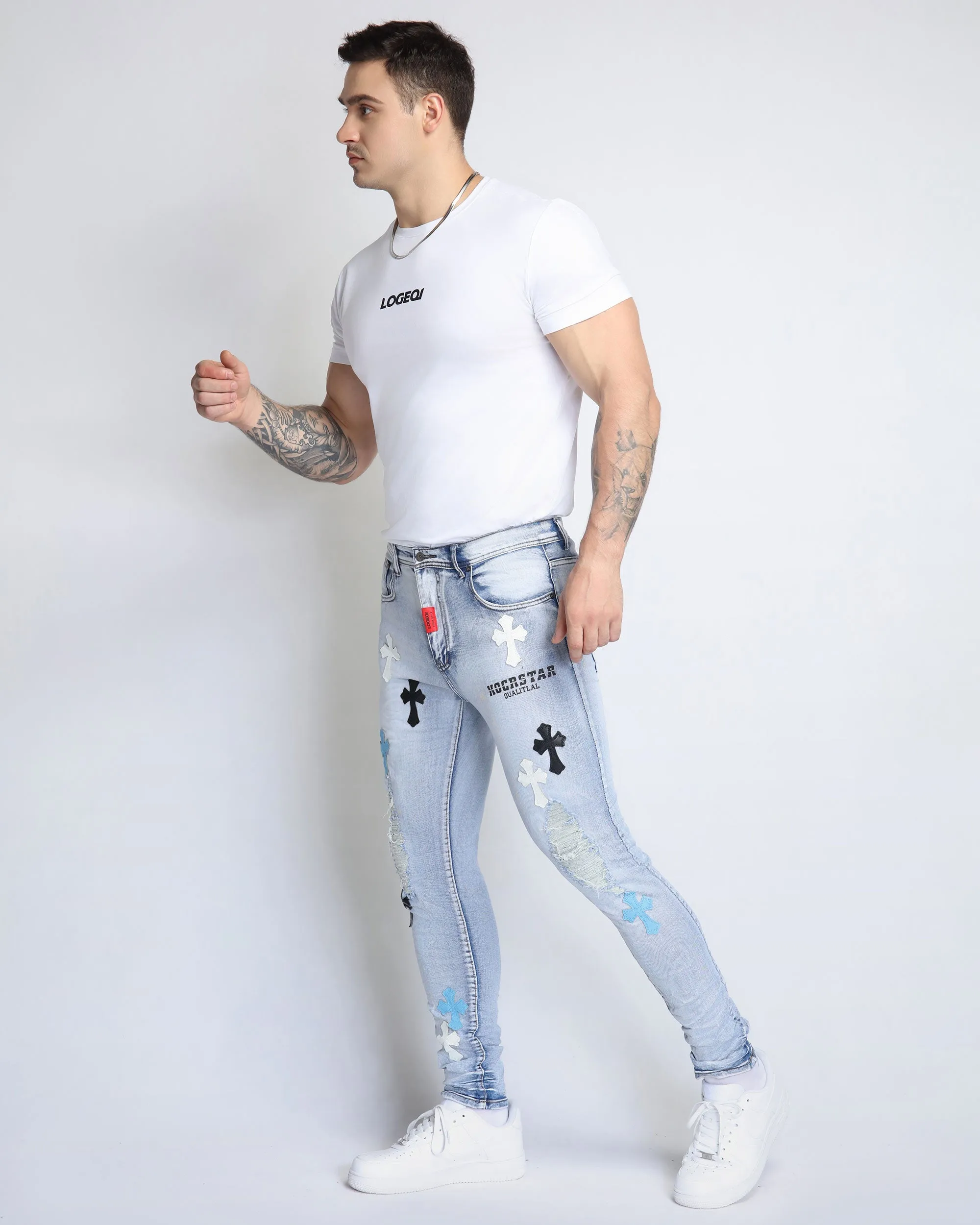 Trendy Distressed Blue Jeans with Ripped Knees & Patches