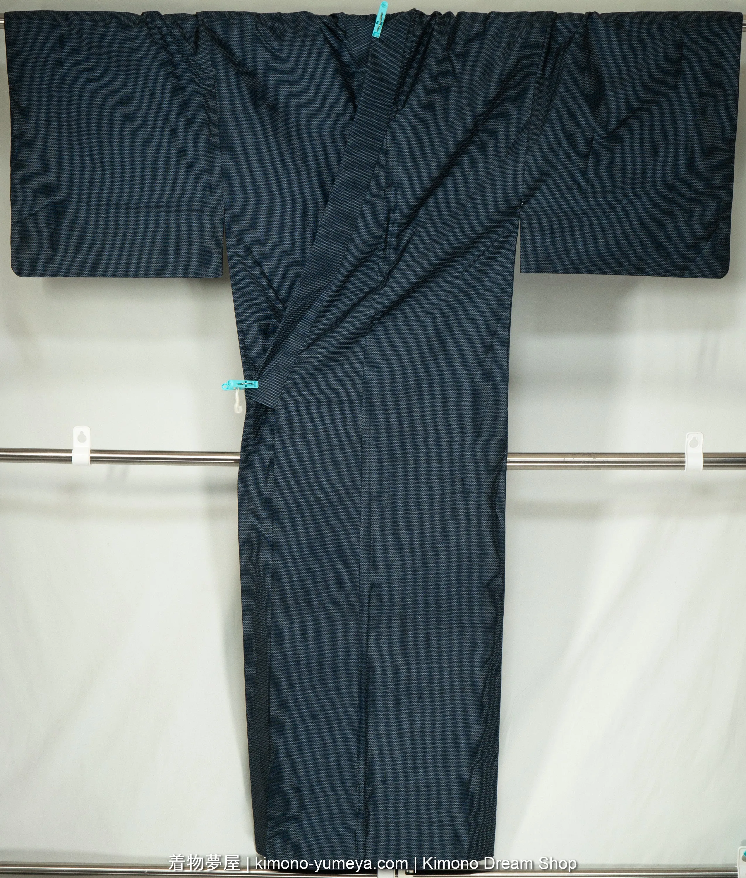 Tsumugi Tortoise Shells Men's Kimono - Dark Blue with White Blue - Dyed-Then-Woven Pattern - Traditional Japanese Robe - Shiny Polyester
