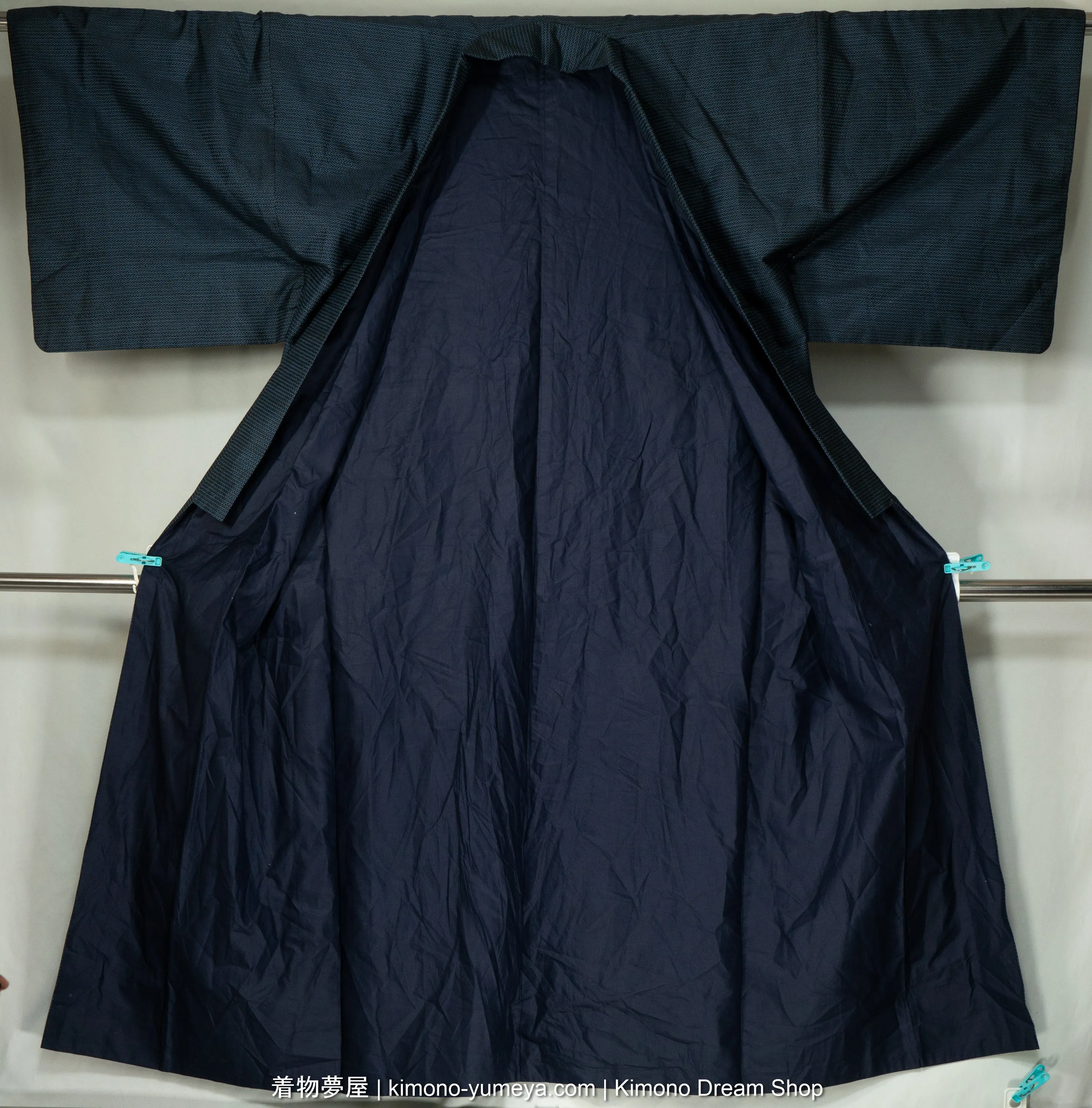 Tsumugi Tortoise Shells Men's Kimono - Dark Blue with White Blue - Dyed-Then-Woven Pattern - Traditional Japanese Robe - Shiny Polyester