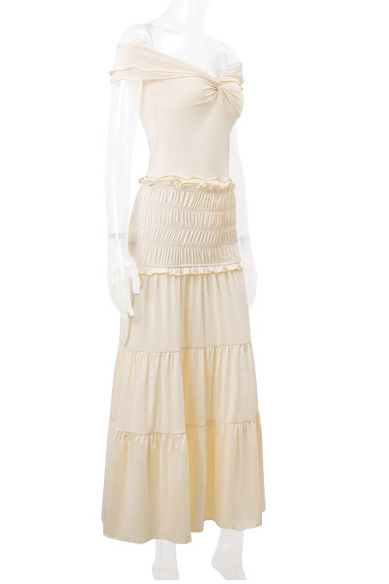 Twisted Crop Top Ruched Tiered Skirt Suits