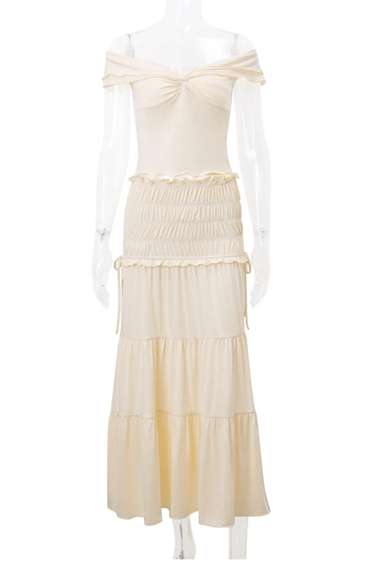 Twisted Crop Top Ruched Tiered Skirt Suits