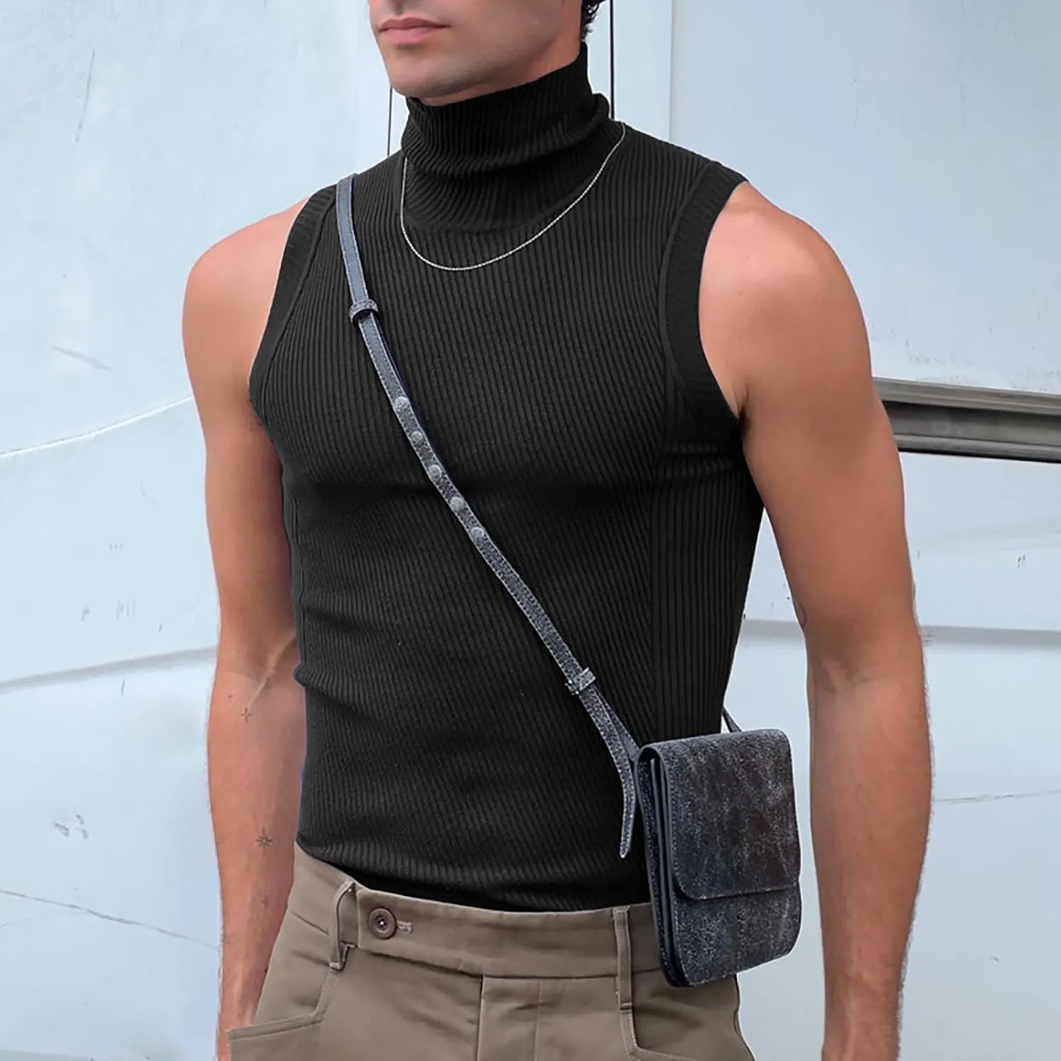 Uillui Mens Tank Tops Mock Turtleneck Sweater Casual Basic Pullover Sleeveless Fitted Gym Workout Muscle Tank Top Undershirt