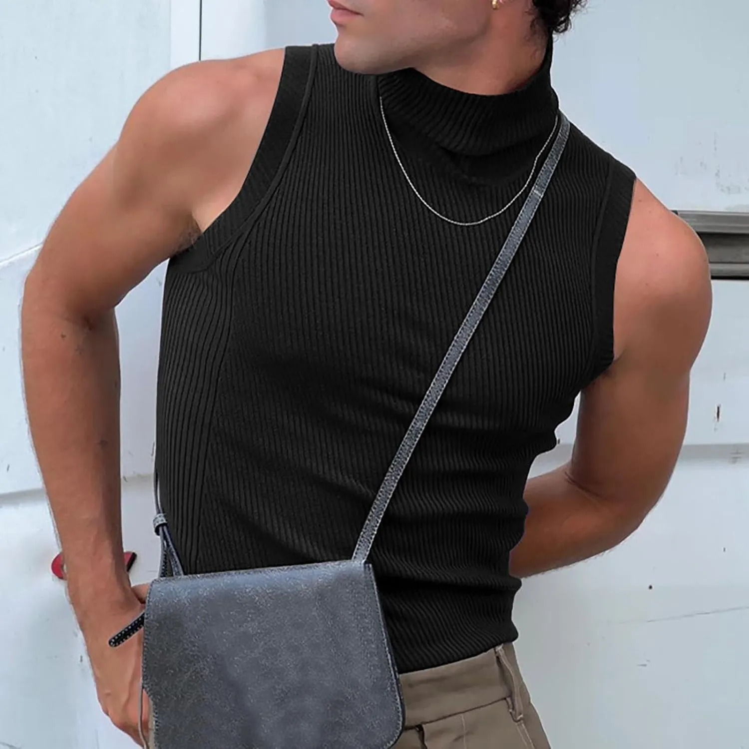 Uillui Mens Tank Tops Mock Turtleneck Sweater Casual Basic Pullover Sleeveless Fitted Gym Workout Muscle Tank Top Undershirt
