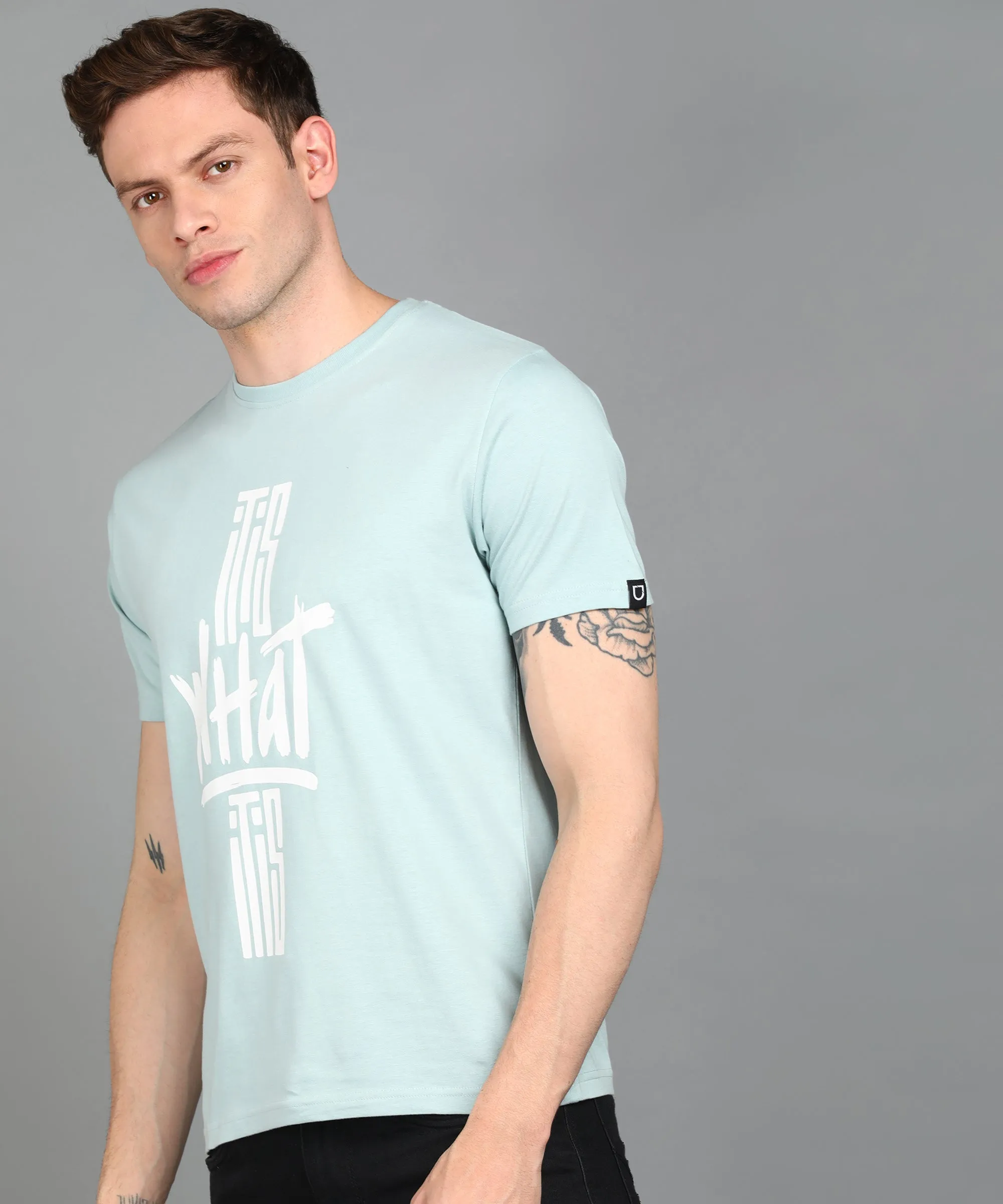 Urbano Fashion Men's Light Green Graphic Printed Round Neck Half Sleeve Slim Fit Cotton T-Shirt
