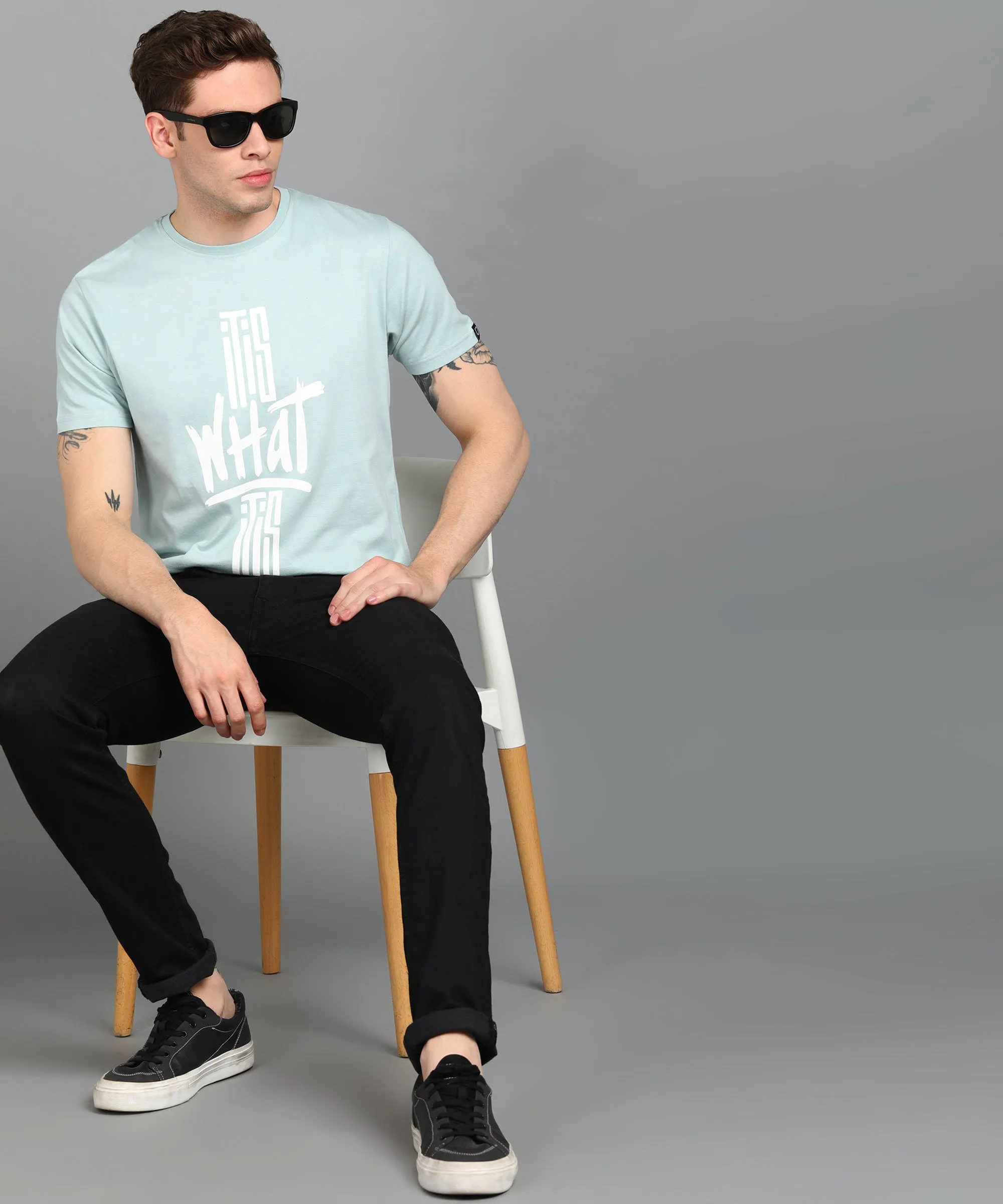 Urbano Fashion Men's Light Green Graphic Printed Round Neck Half Sleeve Slim Fit Cotton T-Shirt