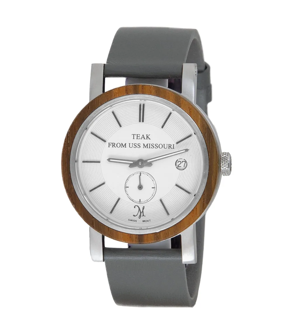 USSM Teak & Stainless Steel Watch with Grey Leather Band - 31703