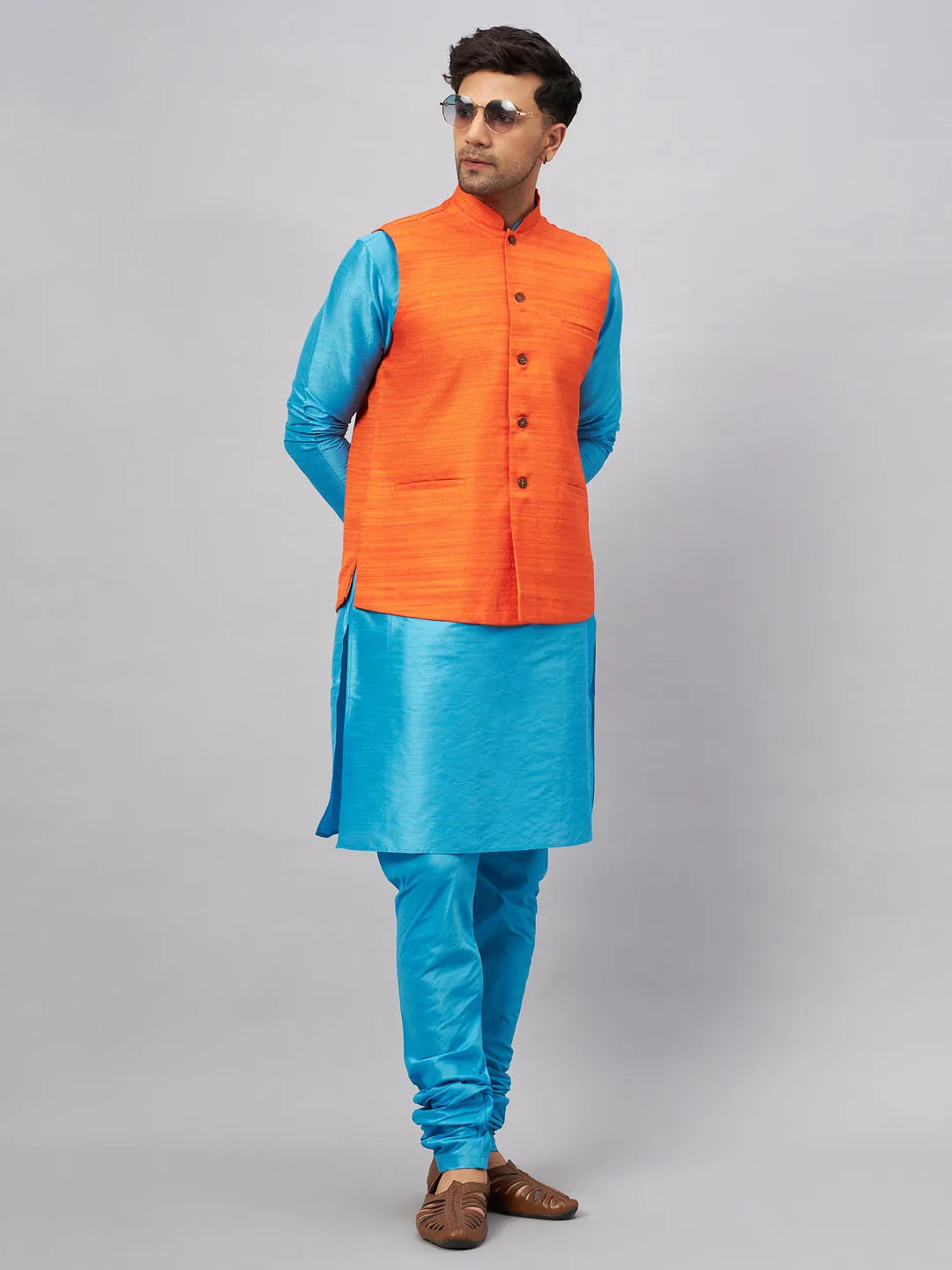 VASTRAMAY Men's Orange Matka Silk Nehru Jacket