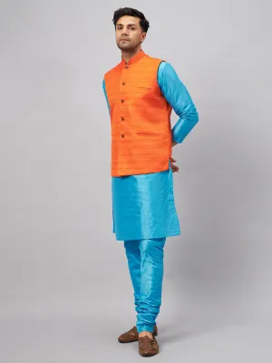 VASTRAMAY Men's Orange Matka Silk Nehru Jacket