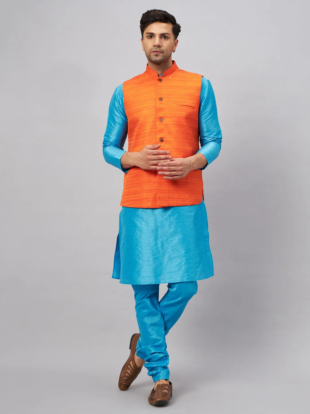 VASTRAMAY Men's Orange Matka Silk Nehru Jacket