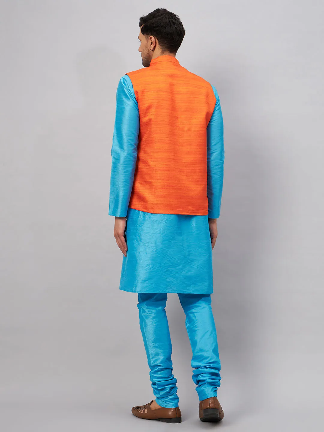 VASTRAMAY Men's Orange Matka Silk Nehru Jacket