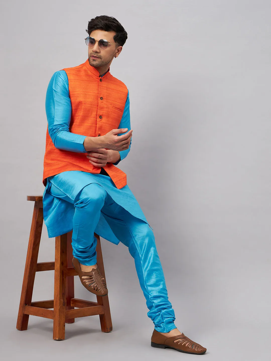 VASTRAMAY Men's Orange Matka Silk Nehru Jacket