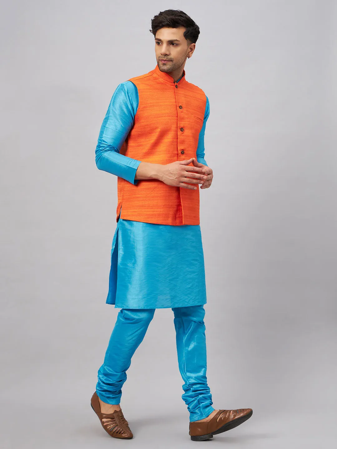 VASTRAMAY Men's Orange Matka Silk Nehru Jacket