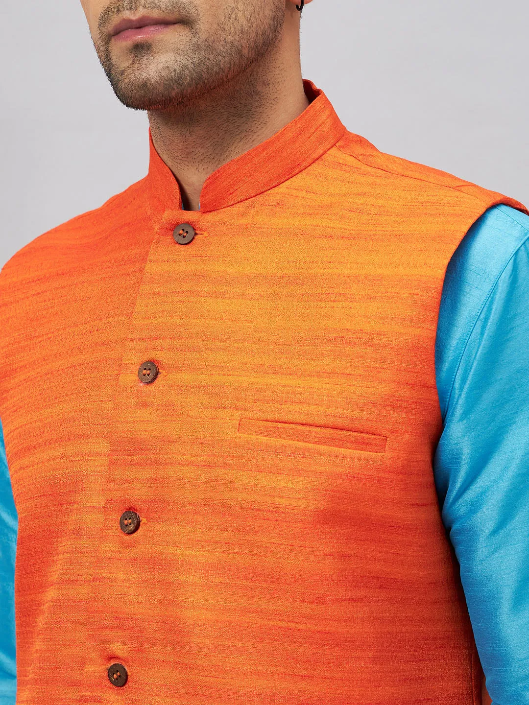VASTRAMAY Men's Orange Matka Silk Nehru Jacket
