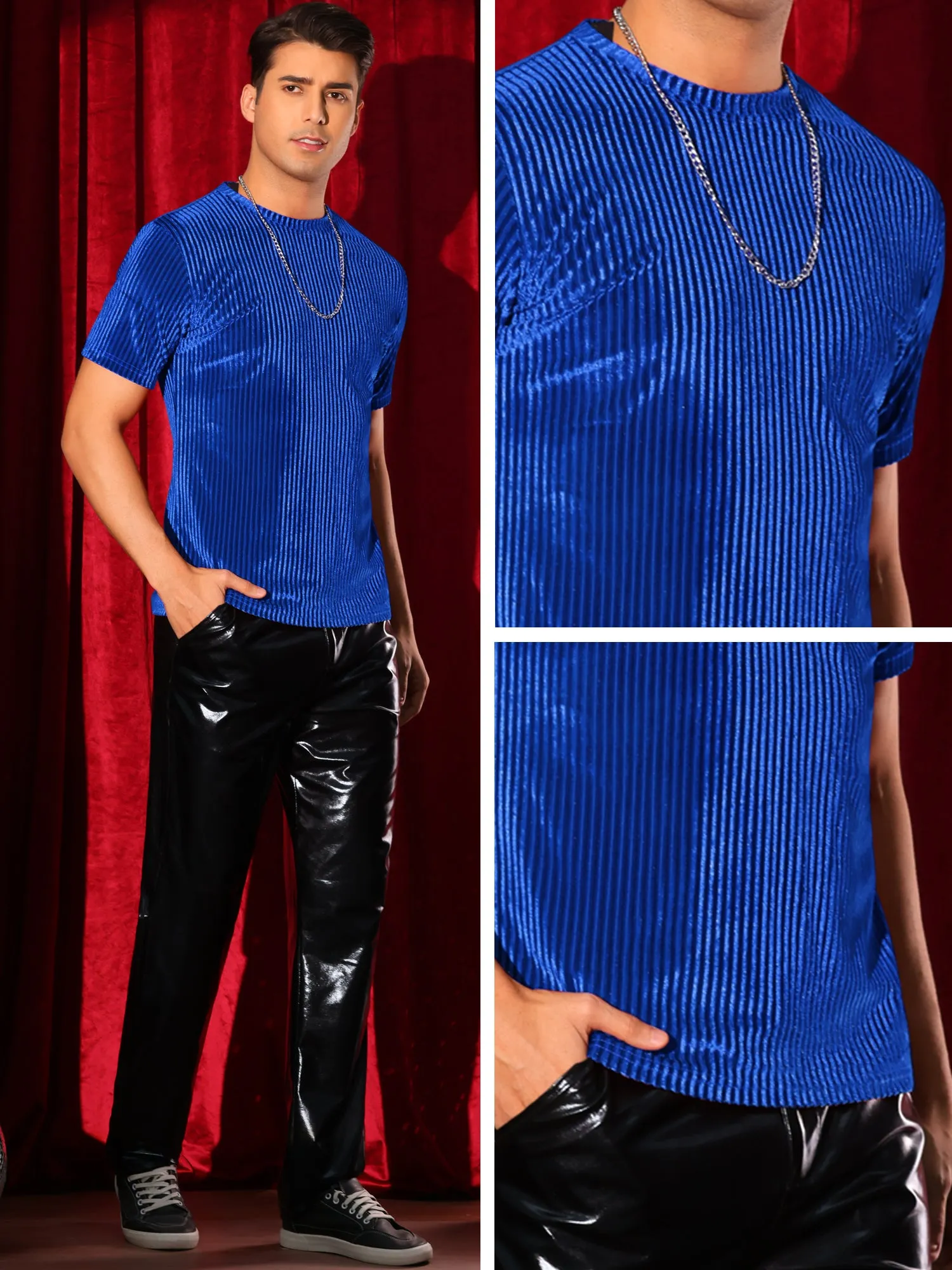 Velvet T-Shirts for Men's Crew Neck Short Sleeve Tee Tops Disco Velour t Shirts