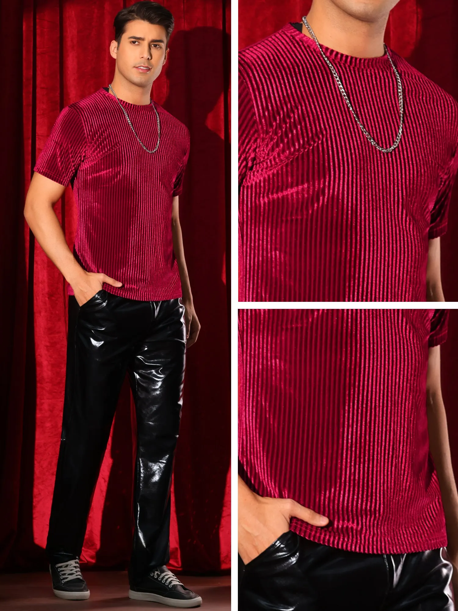 Velvet T-Shirts for Men's Crew Neck Short Sleeve Tee Tops Disco Velour t Shirts