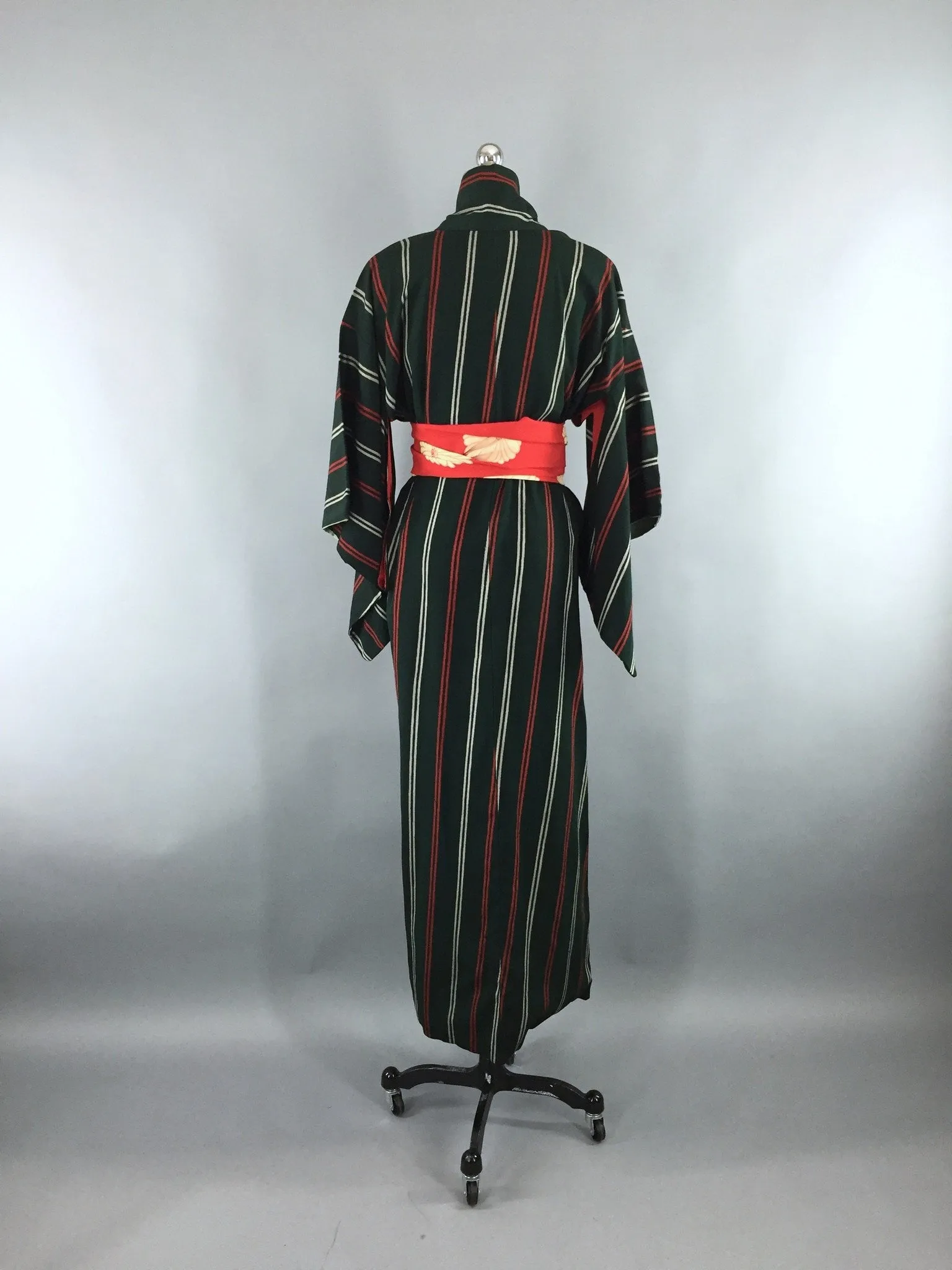 Vintage 1950s Silk Kimono Robe with Green and Red Stripes