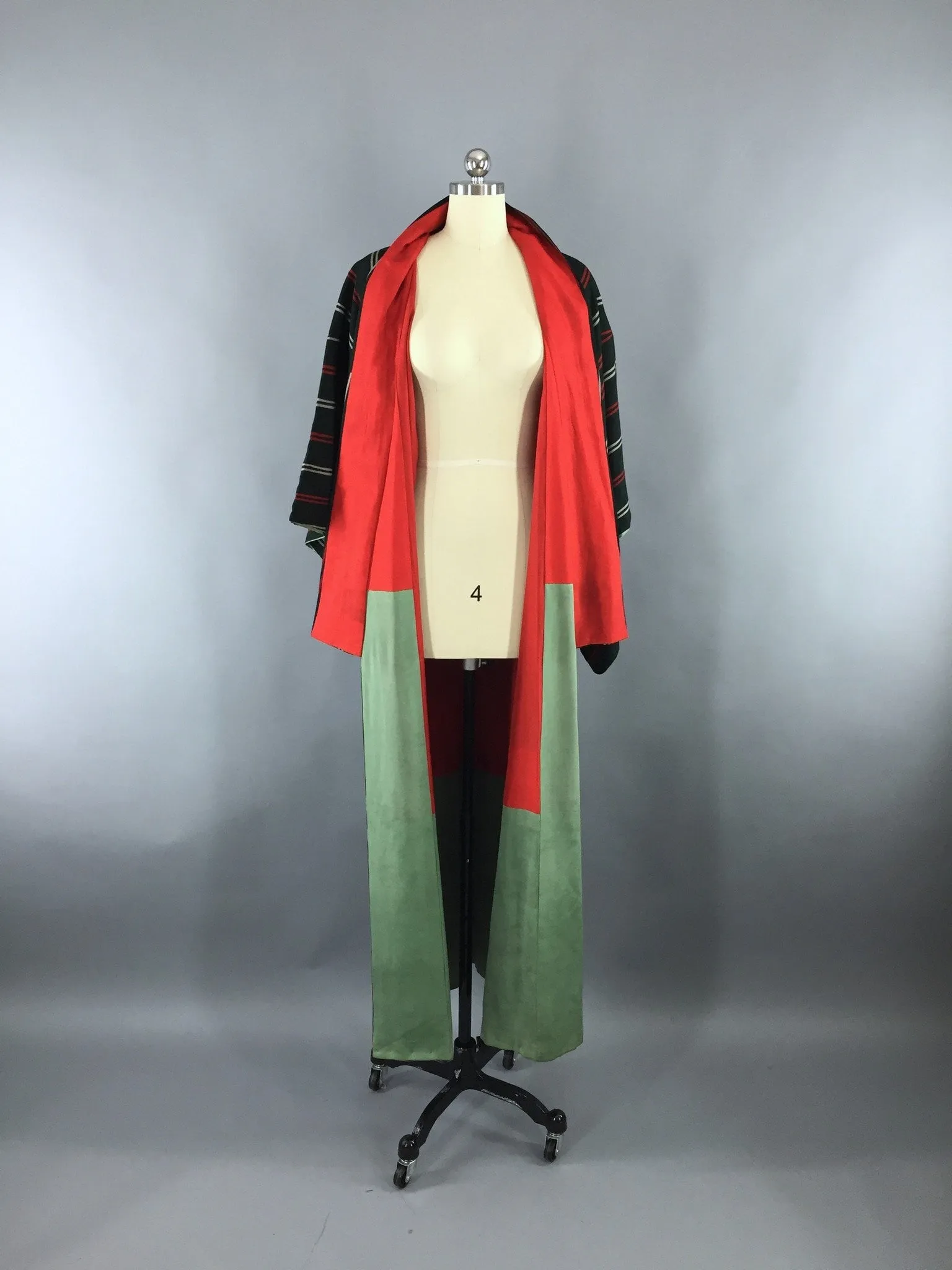 Vintage 1950s Silk Kimono Robe with Green and Red Stripes