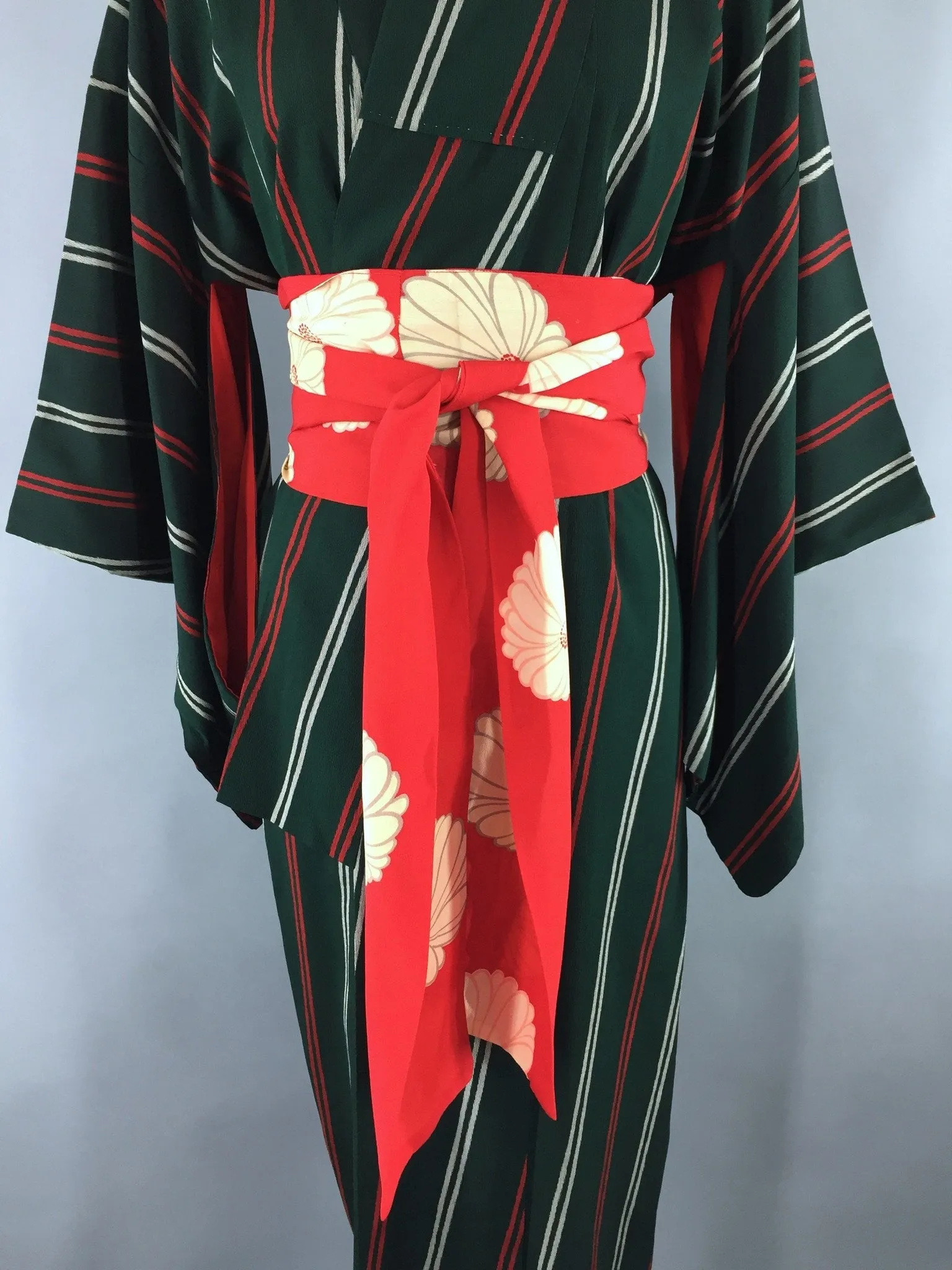 Vintage 1950s Silk Kimono Robe with Green and Red Stripes