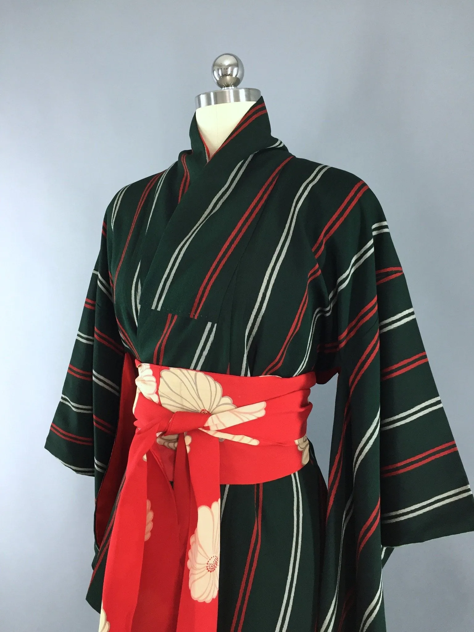 Vintage 1950s Silk Kimono Robe with Green and Red Stripes
