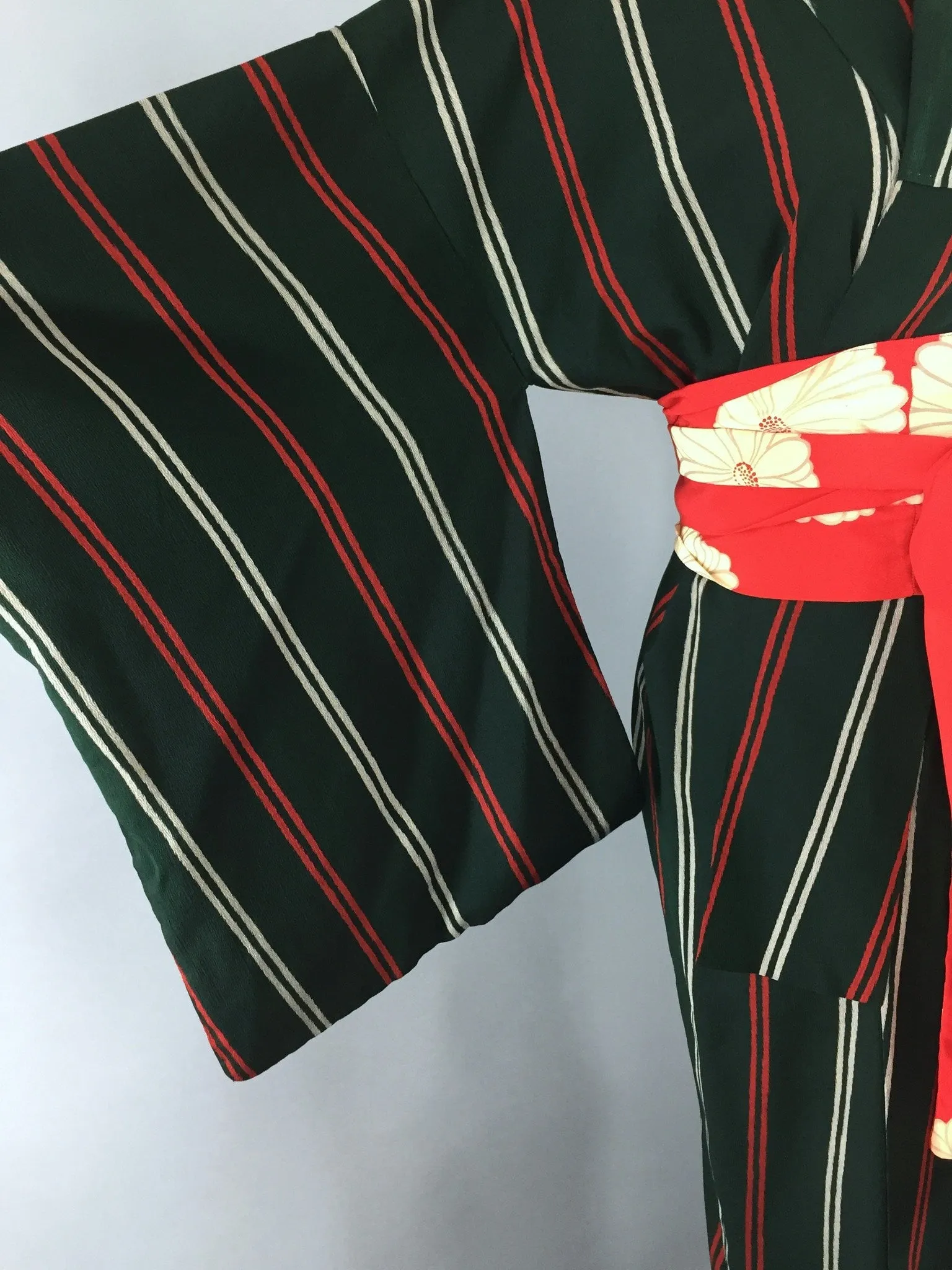 Vintage 1950s Silk Kimono Robe with Green and Red Stripes