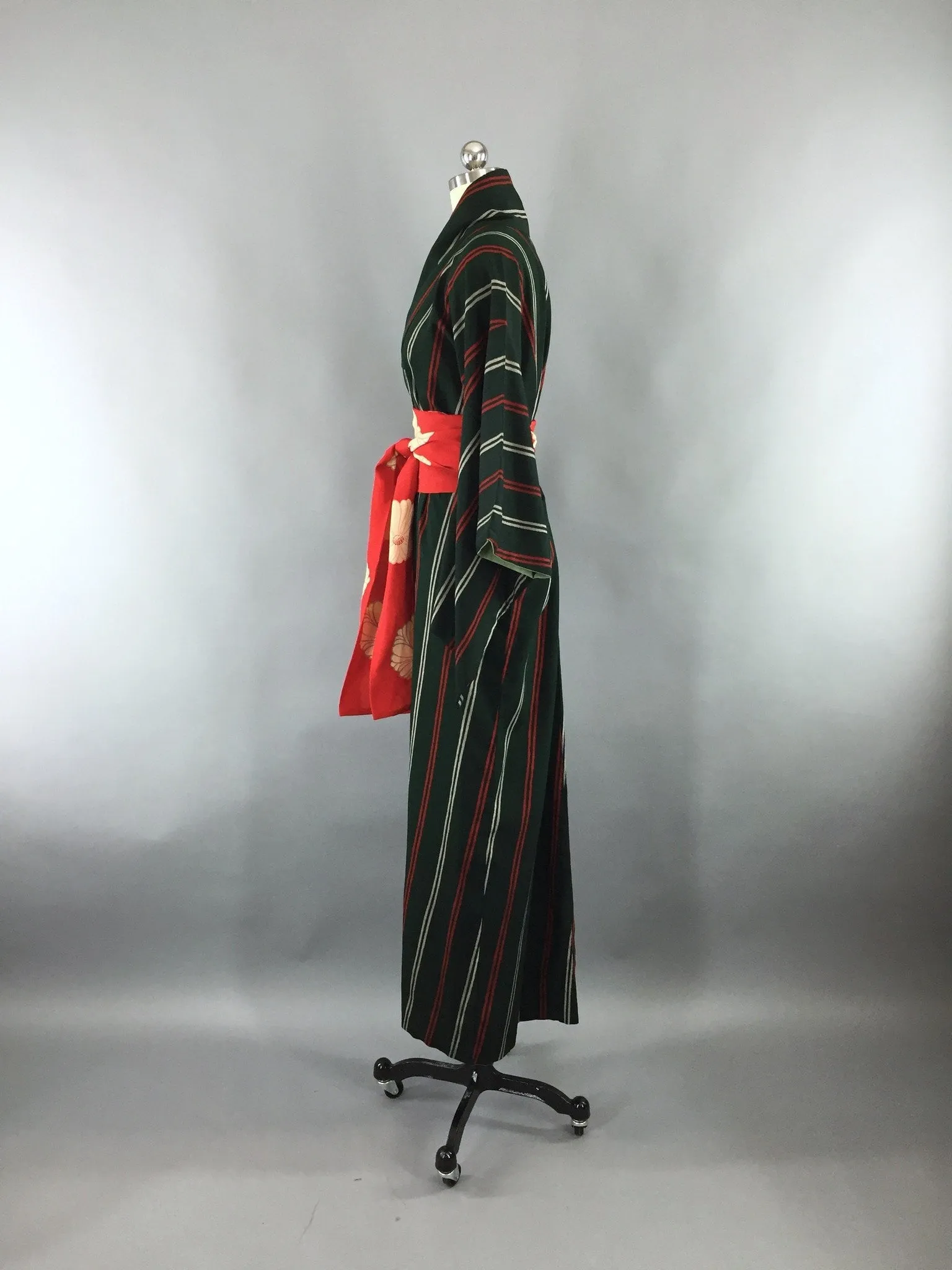 Vintage 1950s Silk Kimono Robe with Green and Red Stripes
