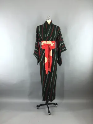 Vintage 1950s Silk Kimono Robe with Green and Red Stripes