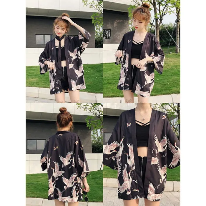 Vintage Crane Chinese Kimono Outerwear Sun Protective