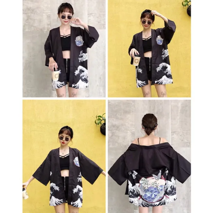 Vintage Crane Chinese Kimono Outerwear Sun Protective