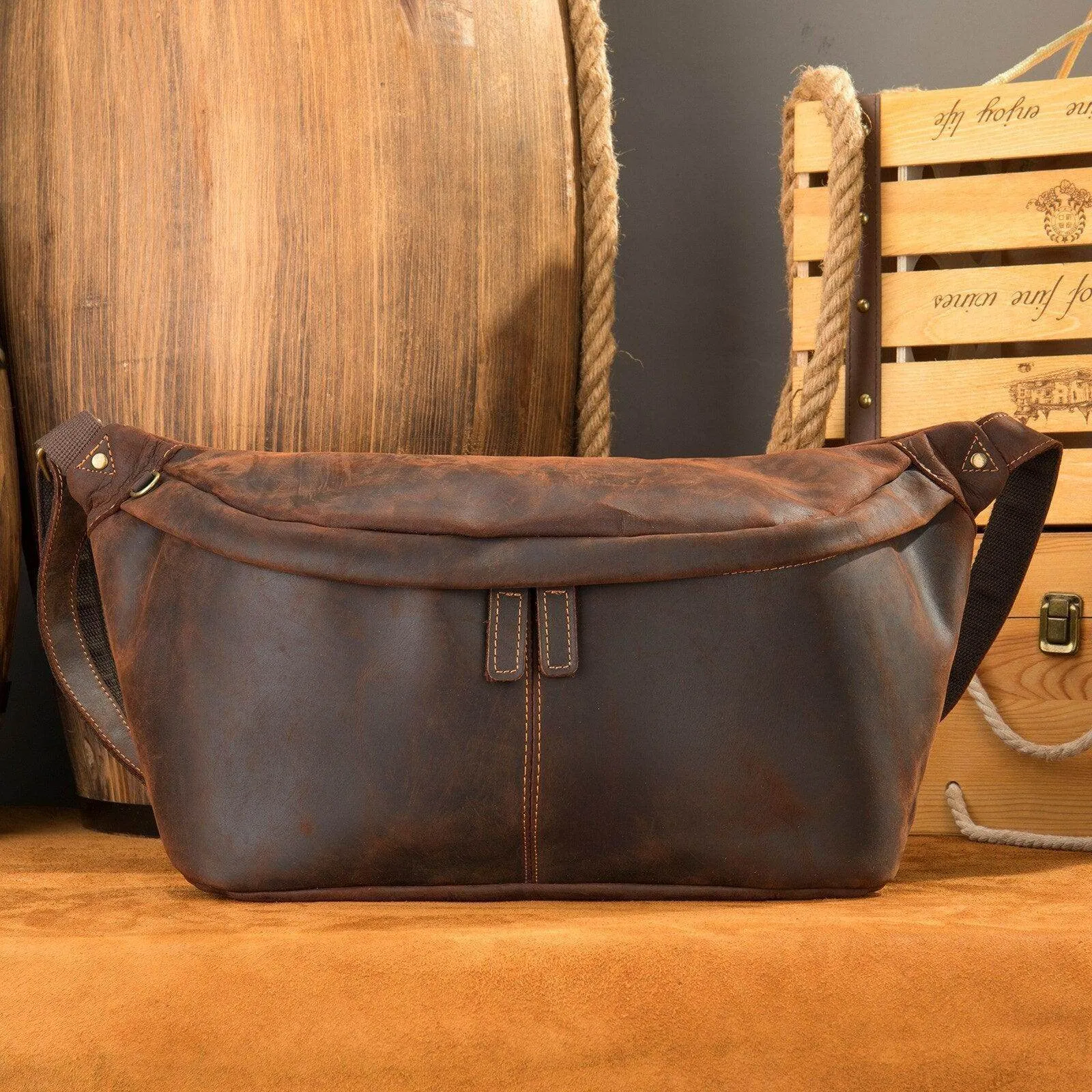 Vintage Crazy Horse Leather Waist Bag Hands-Free Travel